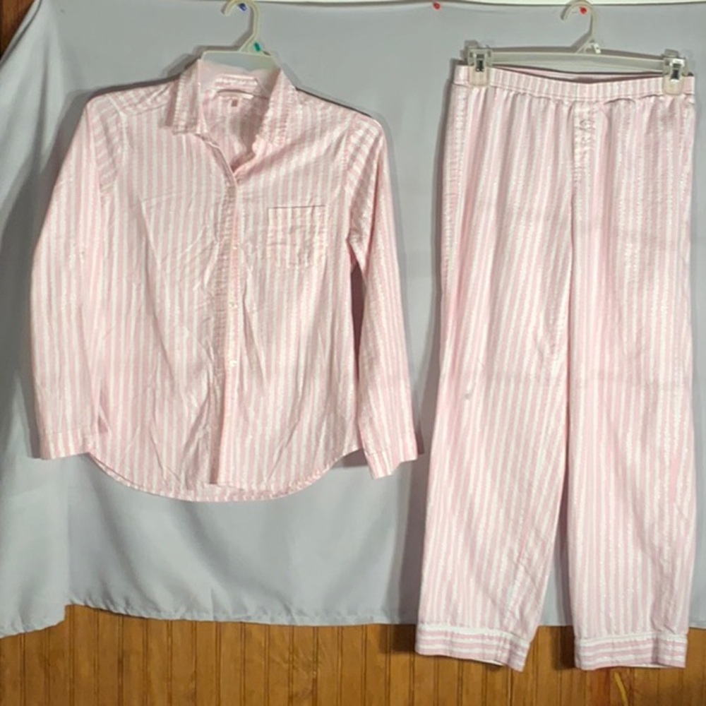 Victoria Secret 2 Piece Pink/White/Silver Pajamas Set